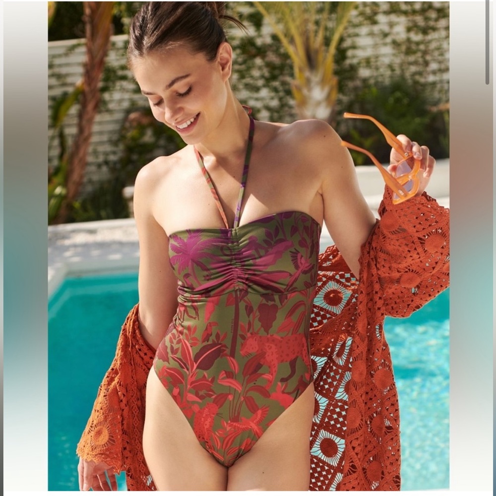 Farm Rio NWT Brazilian design Halter one -piece swimsuit; jungle pattern